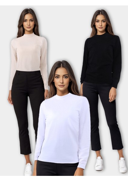 Kadın Balıkçı Yaka Uzun Kollu 3lü Atlet Seti