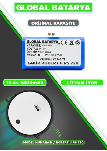 Fakir Robert Iı Rs 720 Uyumlu Akıllı Robot Süpürge Bataryası 14.4V 2400MAH Pil (Orijinal Kapasite)