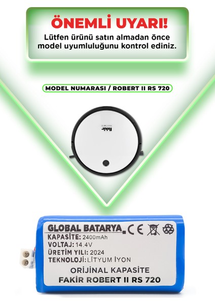 Fakir Robert Iı Rs 720 Uyumlu Akıllı Robot Süpürge Bataryası 14.4V 2400MAH Pil (Orijinal Kapasite)