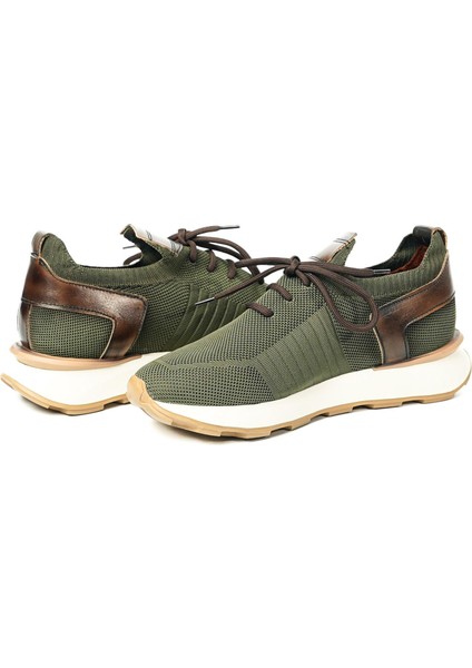Leonidas Model Deri El Yapımı Haki Erkek Triko Sneaker