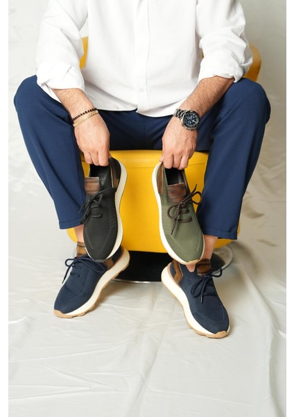 Leonidas Model Deri El Yapımı Haki Erkek Triko Sneaker