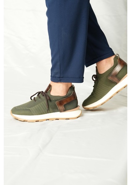 Leonidas Model Deri El Yapımı Haki Erkek Triko Sneaker