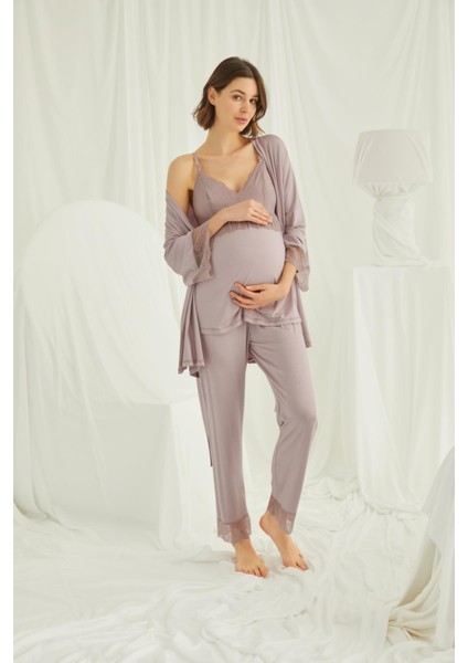 Kadın Düz Renk Dantelli Hamile Lohusa 3'lü Pijama Takımı fiyatları
