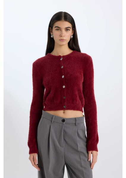 Regular Fit Bisiklet Yaka Düğmeli Triko Bordo Hırka E2428AX24WN