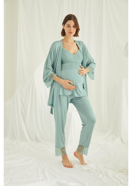 Kadın Düz Renk Dantelli Hamile Lohusa 3'lü Pijama Takımı