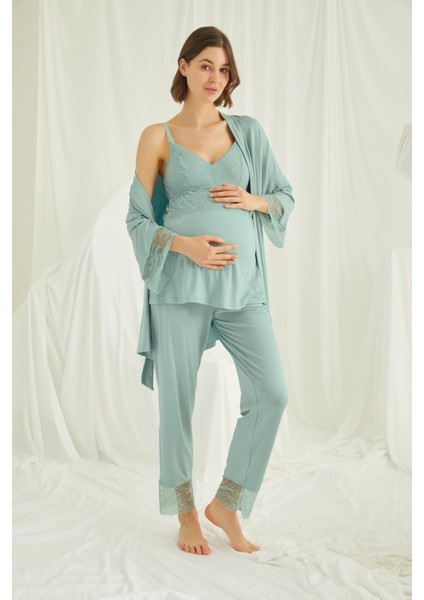 Kadın Düz Renk Dantelli Hamile Lohusa 3'lü Pijama Takımı