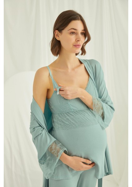 Kadın Düz Renk Dantelli Hamile Lohusa 3'lü Pijama Takımı