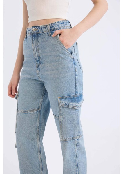 Wide Leg Kargo Yüksek Bel Düz Paça Uzun Jean Yıkamalı Pantolon D5413AX24WN