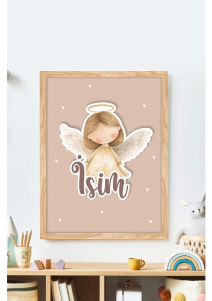 Isme Özel Boyutlu Melek Figürlü Ahşap Çerçeve 30X40 cm Pano, Hastane Odası Kapı Süsü, Çocuk Odası, Dekorasyon