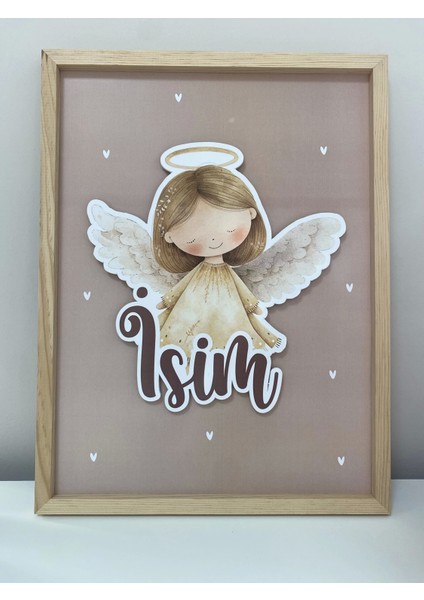 Isme Özel Boyutlu Melek Figürlü Ahşap Çerçeve 30X40 cm Pano, Hastane Odası Kapı Süsü, Çocuk Odası, Dekorasyon modelleri
