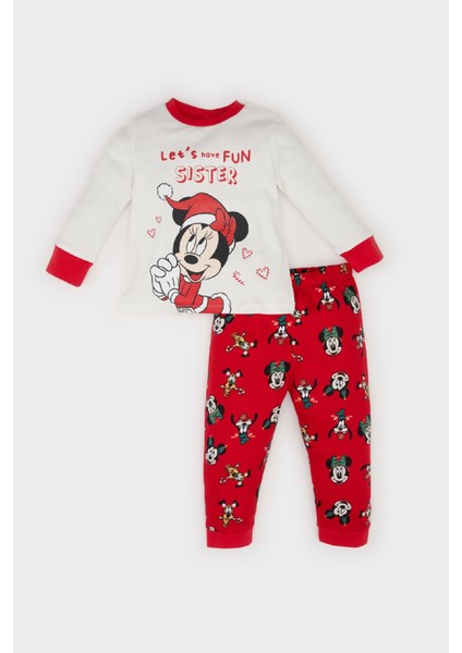 Kız Bebek Disney Mickey & Minnie Yılbaşı Temalı Pijama Takımı Bisiklet Yaka Uzun Kollu Üst Beli Lastikli Alt D7162A524WN