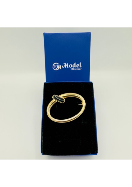 Oval Siyah Işlemeli Gold Broş