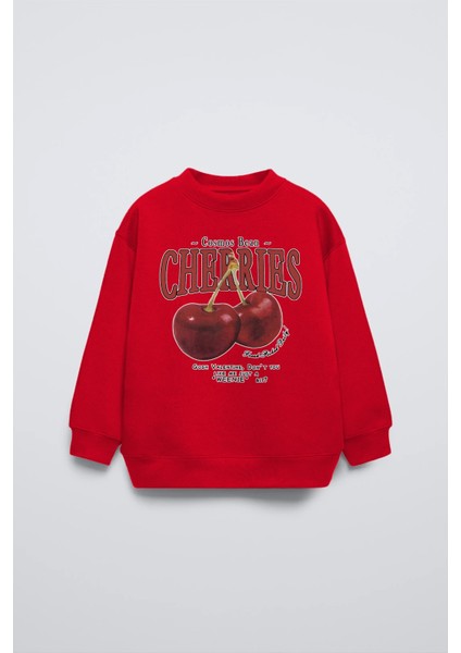 Kırmızı Çocuk Cherries Baskılı Bisiklet Yaka Basic Sweatshirt