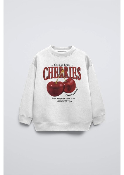 Beyaz Çocuk Cherries Baskılı Bisiklet Yaka Basic Sweatshirt