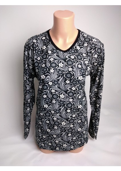Kadın Siyah Desenli V Yaka Uzun Kollu Yanları Yırtmaçlı Mevsimlik Süet Anne Penye Tişört Bluz
