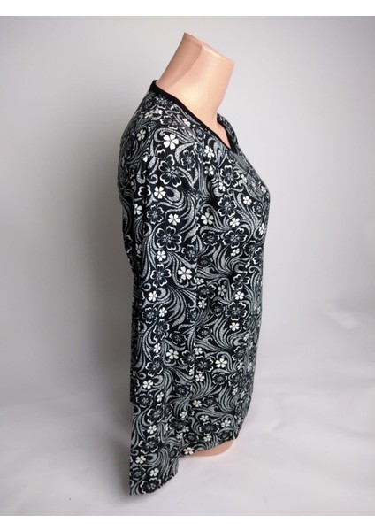 Kadın Siyah Desenli V Yaka Uzun Kollu Yanları Yırtmaçlı Mevsimlik Süet Anne Penye Tişört Bluz fiyatları