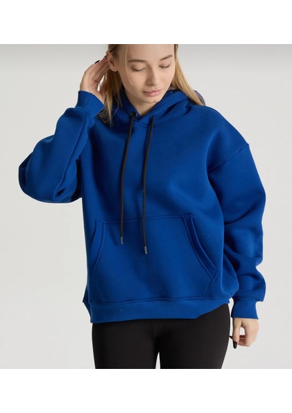 Mavi Renkli Kapüşonlu Kanguru Cepli Sweatshirt