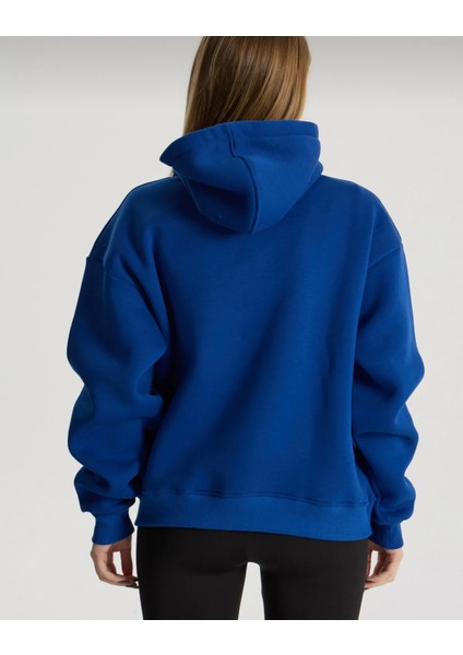 Mavi Renkli Kapüşonlu Kanguru Cepli Sweatshirt