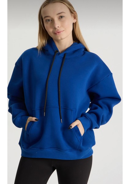 Mavi Renkli Kapüşonlu Kanguru Cepli Sweatshirt