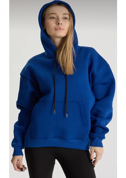 Mavi Renkli Kapüşonlu Kanguru Cepli Sweatshirt