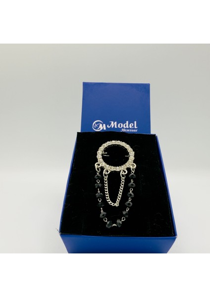 Yuvarlak Beyoğlu Siyah Taşlı Sallantılı Broş