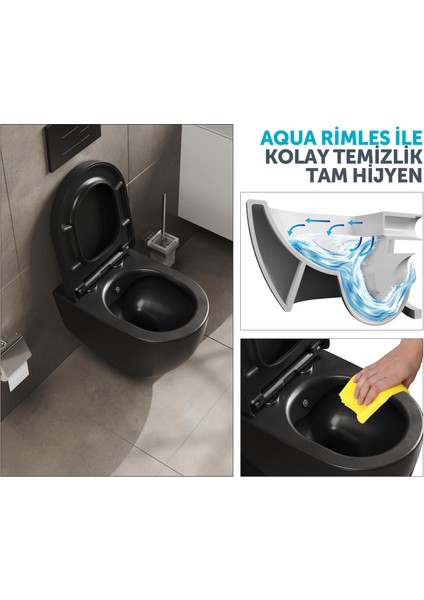 Aqua Bagno Voca Asma Klozet - 54 cm Mat Siyah - Set 2 Parça - Dp Kapak Dahil