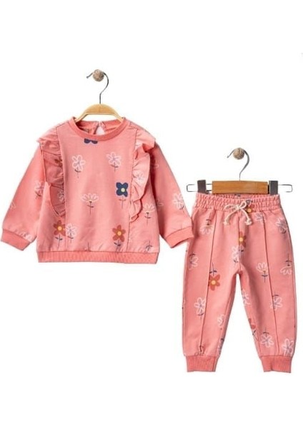 Kolları Fırfırlı Çiçek Desenli Kız Çocuk Eşofman Takımı 9-12 Ay - Pembe