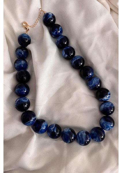 Büyük Boncuklu Kadın Kolye 14 mm Mavi Boncuklarla Şık Tasarım 40 cm