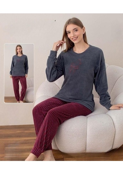 Kadın Kışlık Bisiklet Yaka Soft Kadife Pijama Takımı 07037 - 1 Adet