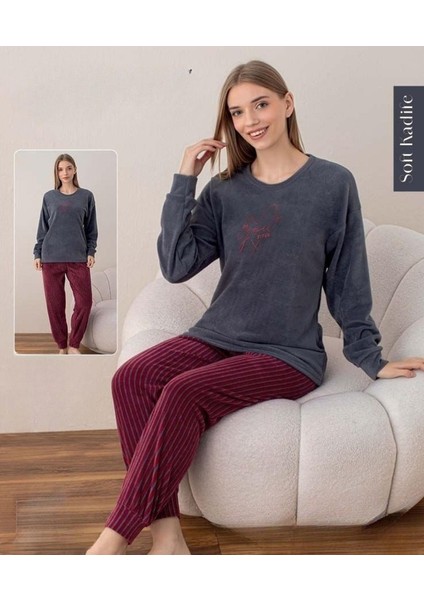 Kadın Kışlık Bisiklet Yaka Soft Kadife Pijama Takımı 07037 - 1 Adet