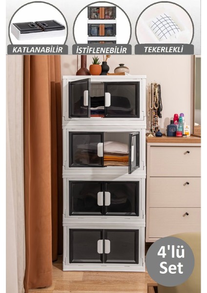 4 Katlı Tekerlekli Çok Amaçlı Katlanır Banyo Mutfak Dolabı Düzenleyici Istiflenebilir Ayakabılık