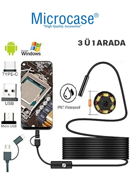 3'ü 1 Arada Endeskop Kamera Mikrofon USB 2.0 Micro USB ve Type-C 6 LED Su Geçirmez 2 Metre Borescope Yılan Kamera AL3898 indirimleri