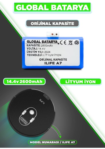 Ilıfe A7 Uyumlu Akıllı Robot Süpürge Bataryası 14.4V 2600MAH Li-Ion Pil ( Kapasite)