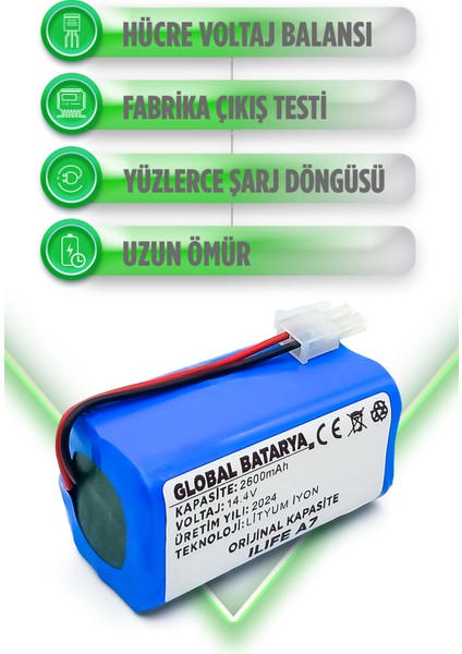 Ilıfe A7 Uyumlu Akıllı Robot Süpürge Bataryası 14.4V 2600MAH Li-Ion Pil ( Kapasite)