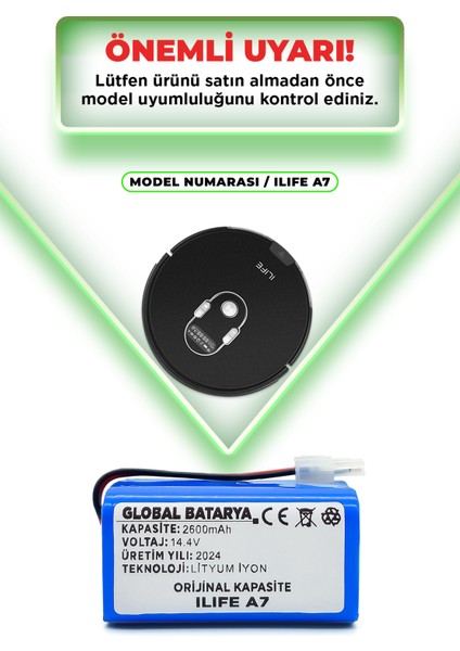 Ilıfe A7 Uyumlu Akıllı Robot Süpürge Bataryası 14.4V 2600MAH Li-Ion Pil ( Kapasite)