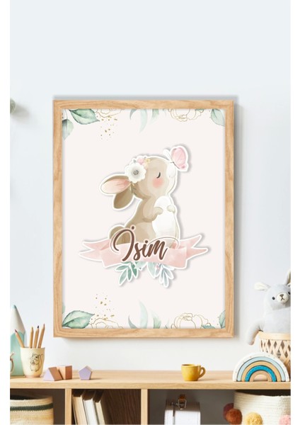 Isme Özel Boyutlu Kelebekli Tavşan Ahşap Çerçeve 30X40 cm Pano, Hastane Odası Kapı Süsü, Çocuk Odası, Dekorasyon