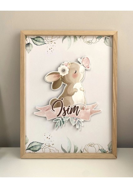 Isme Özel Boyutlu Kelebekli Tavşan Ahşap Çerçeve 30X40 cm Pano, Hastane Odası Kapı Süsü, Çocuk Odası, Dekorasyon fırsatları