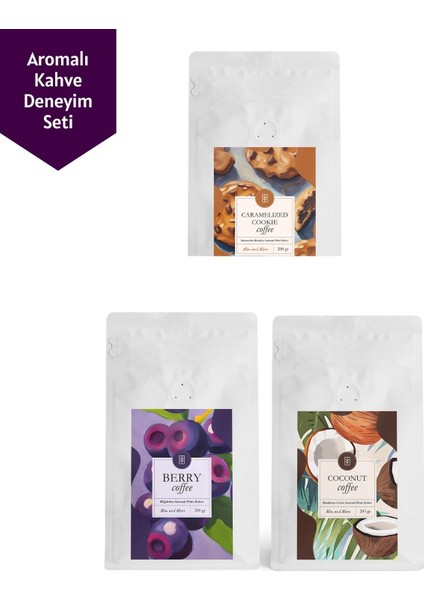 3 x 200 gr Caramelize Cookie&berry&coconut Aromalı Coffee Çekirdek Kahve 3'lü Set