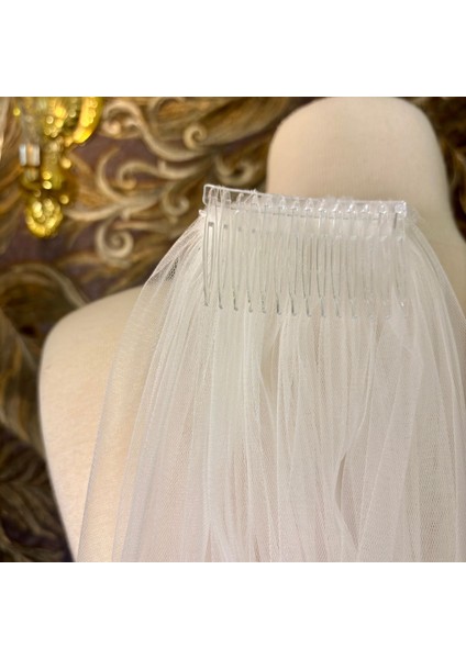El Işlemesi Kristalli Damla Sarkıtlı Kısa Duvak (80cm)