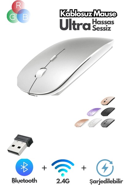 Ultra Slim Bluetooth Rgb Usb Mouse 2.4ghz Siyah Ledli 800 / 1200 / 1600dpi Şarjlı Kablosuz Mouse Rgb Led Işıklı Çift Modlu Kablosuz Ledli Şarj Edilebilir Sessiz Tıklama