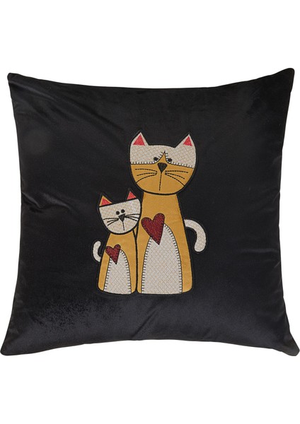 Nigift, Tek Renk, Kedi Figürlü, Aplikli, Kadife, Dekoratif Yastık, Kırlent