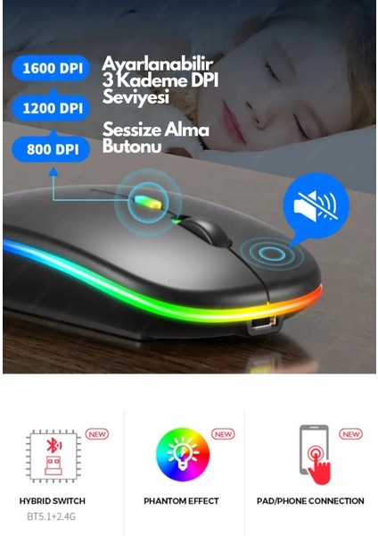 Slim Kablosuz Mouse Fare Wireless maus 4 Tuşlu Renk Sessiz Şarj Edilebilir Dpı Kontrol
