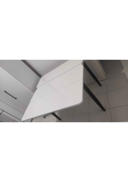 Yanlardan Açılır Ahşap Masa Sandalye Takımı 4 Sandalyeli Metal Ayaklı Beyaz