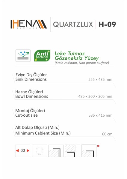 Granit Eviye Tek Gözlü Antrasit 55 x 43 Granit Eviye Kuvars modelleri