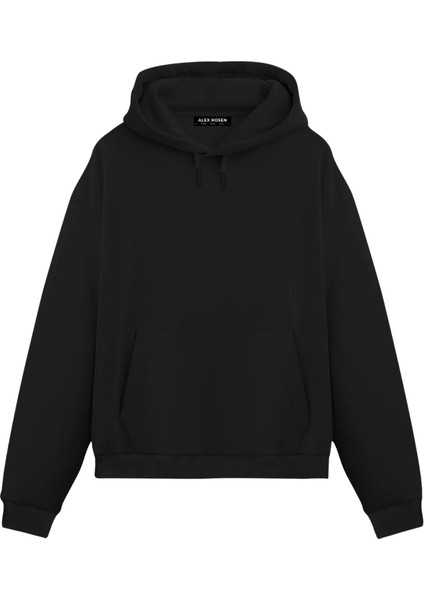 Unisex Siyah Oversize Fit Pamuklu Kapüşonlu Sweatshirt