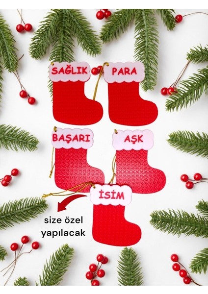 Yılbaşı Çam Ağacı Süsleri Yeni Yıl Çorap 4+1 Adet Isme Özel
