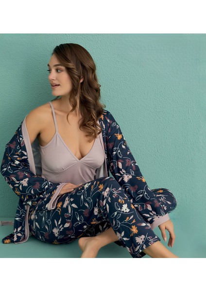 Bayan 14401-16 Lila Termal Sabahlıklı Üçlü Pijama Takım