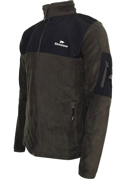 Erkek Regular Fit Fermuarlı Cepli Polar Haki Sweatshirt