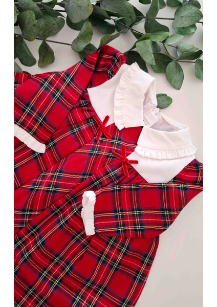 Ekose Desen Bebe Yaka ve Kolları Fırfır Detaylı Yılbaşı ve Tasarım Günlük Bebek Elbise fiyatları