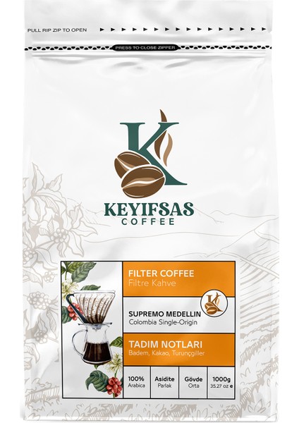 Kolombiya Supremo Medellin Filtre Kahvesi 1 kg - %100 Arabica fiyatları